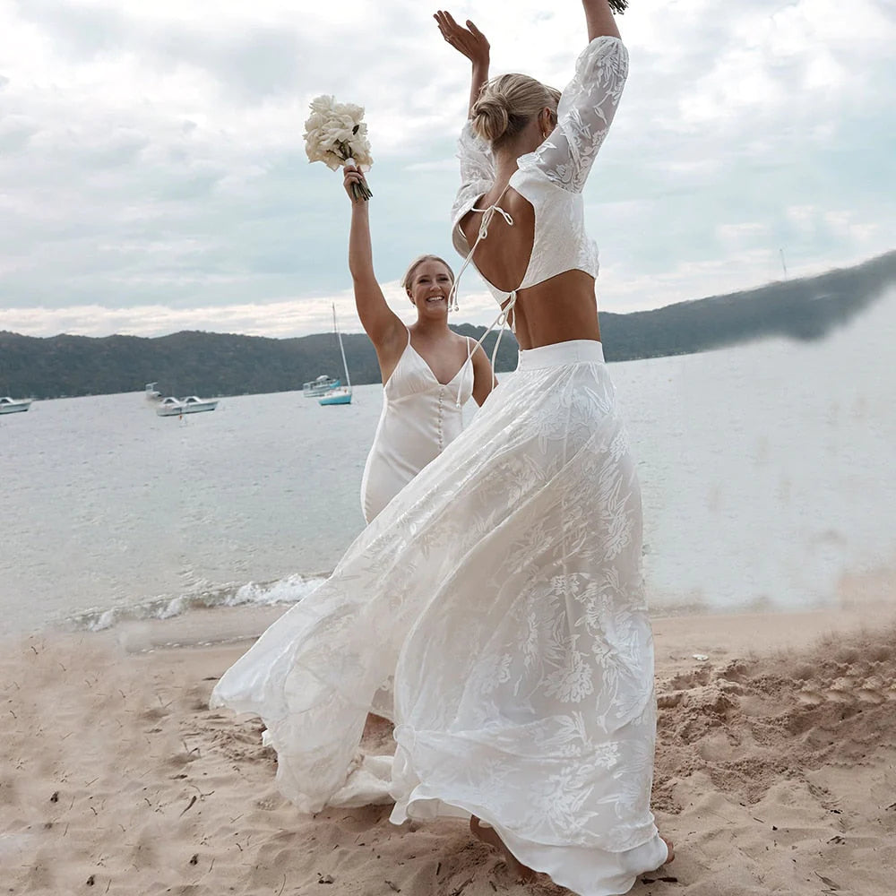 Lace Two Pieces Square Neck 3/4 Puffy Sleeve Beach Bohemian Wedding Dresses