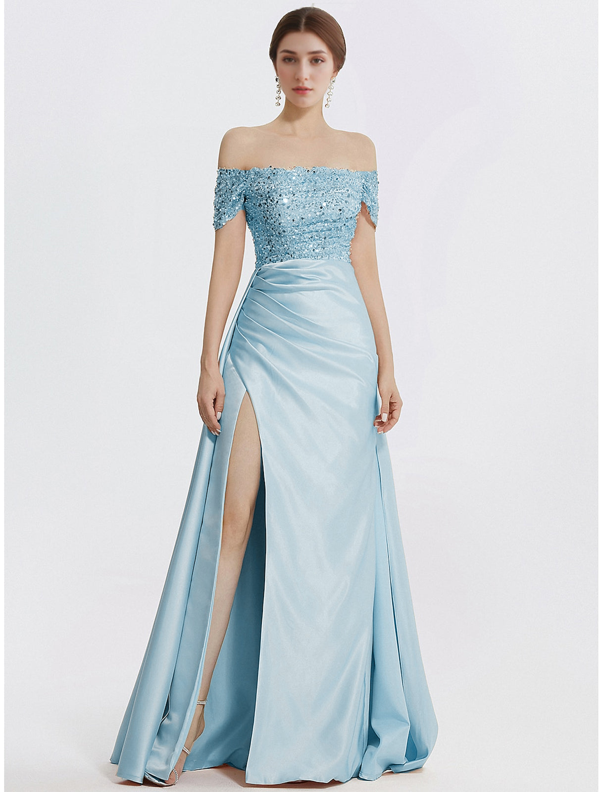 Sheath / Column Evening Gown Elegant Dress Formal Floor Length Short Sleeve Off Shoulder Sequined with Glitter Pleats Slit