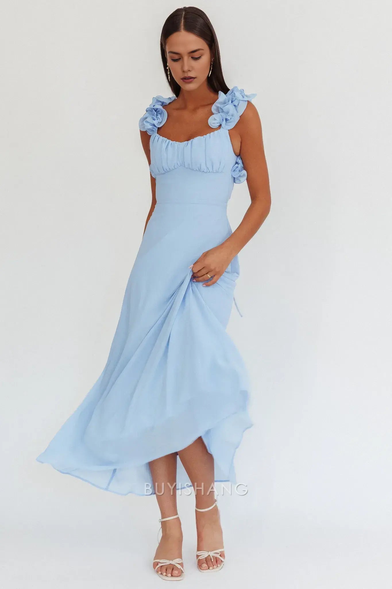 Fashionable Light Blue Floral Ruffle Strap Lace - Up Back Maxi Dress prom dress