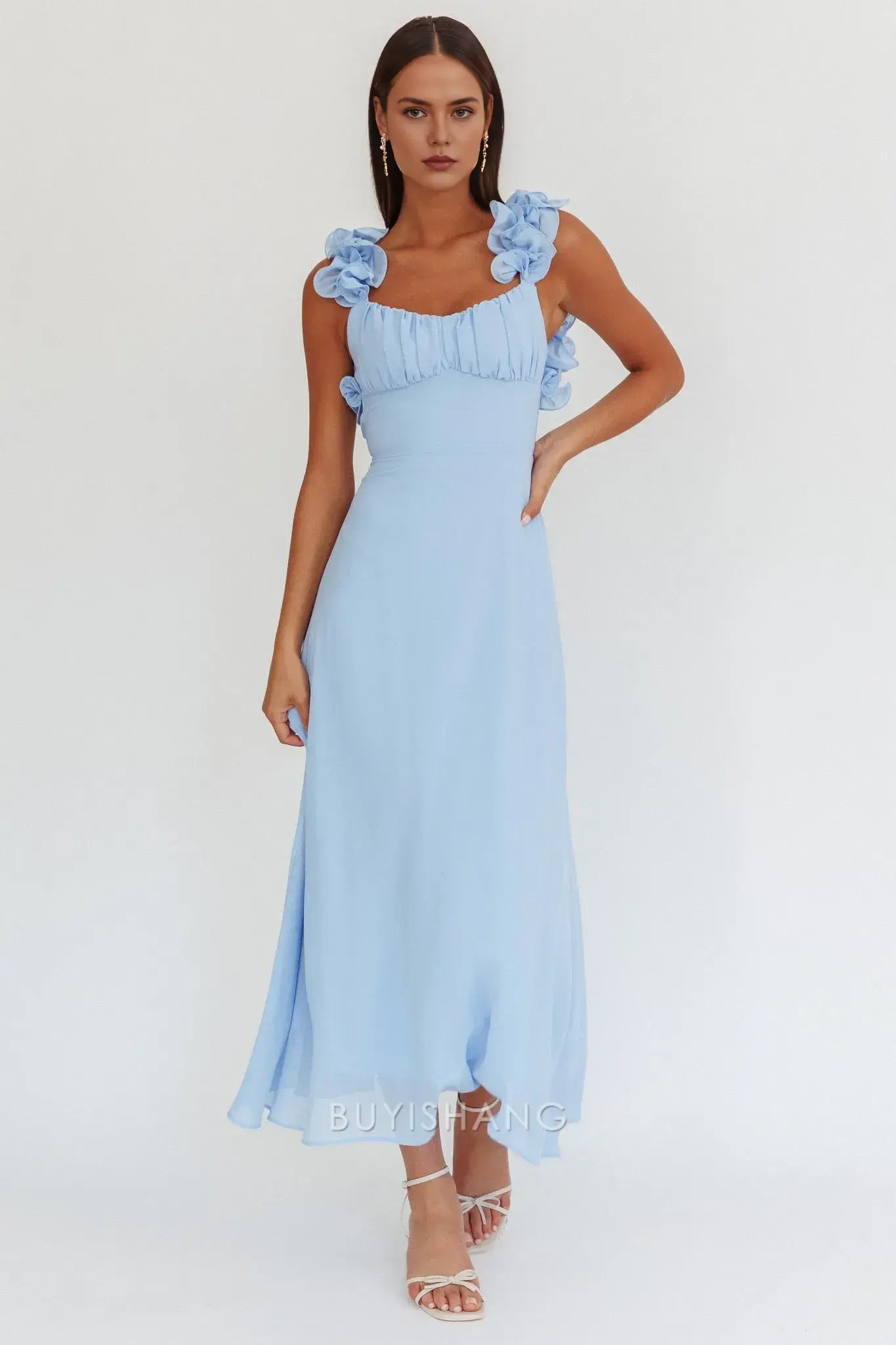 Fashionable Light Blue Floral Ruffle Strap Lace - Up Back Maxi Dress prom dress