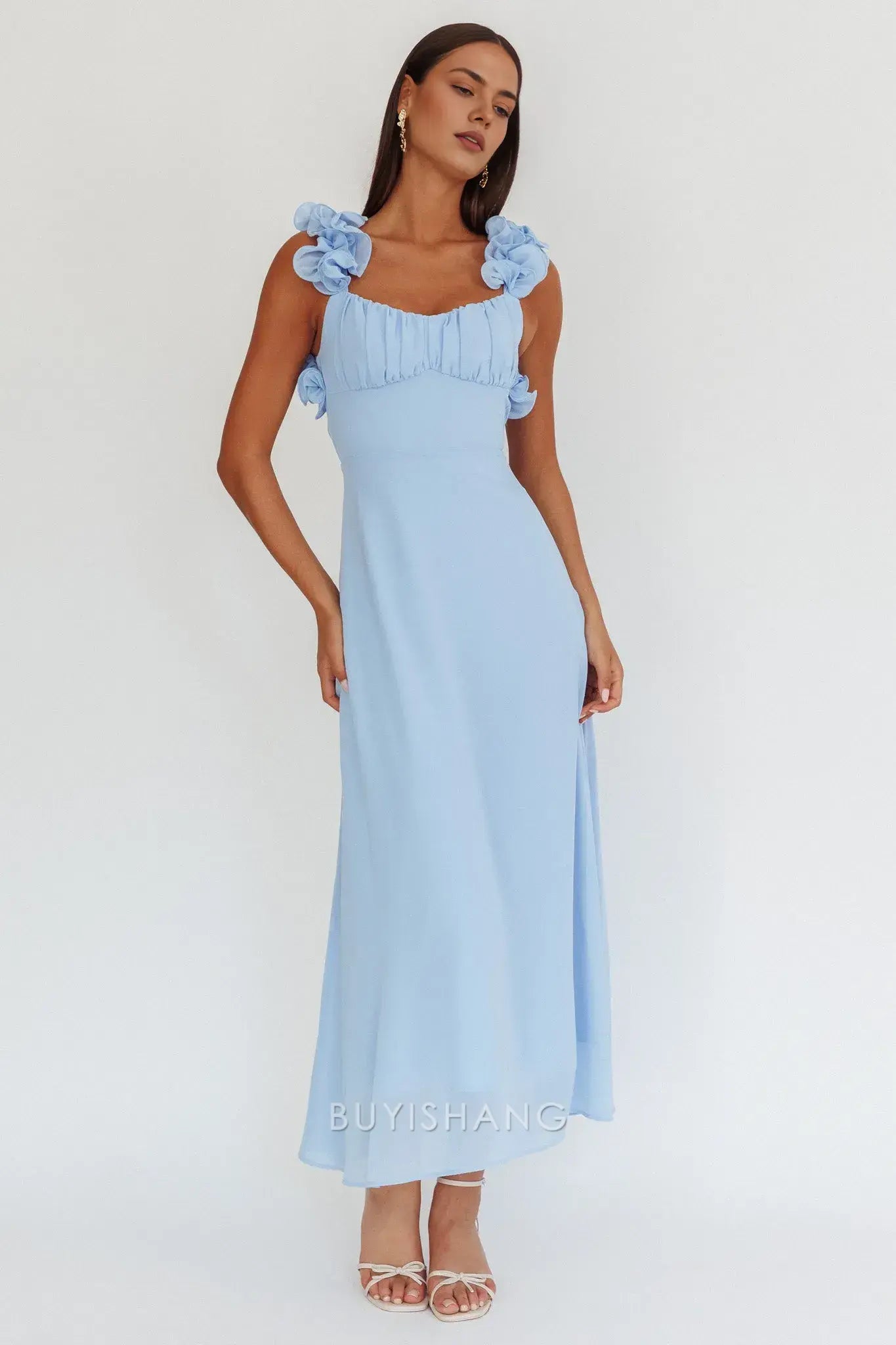 Fashionable Light Blue Floral Ruffle Strap Lace - Up Back Maxi Dress prom dress
