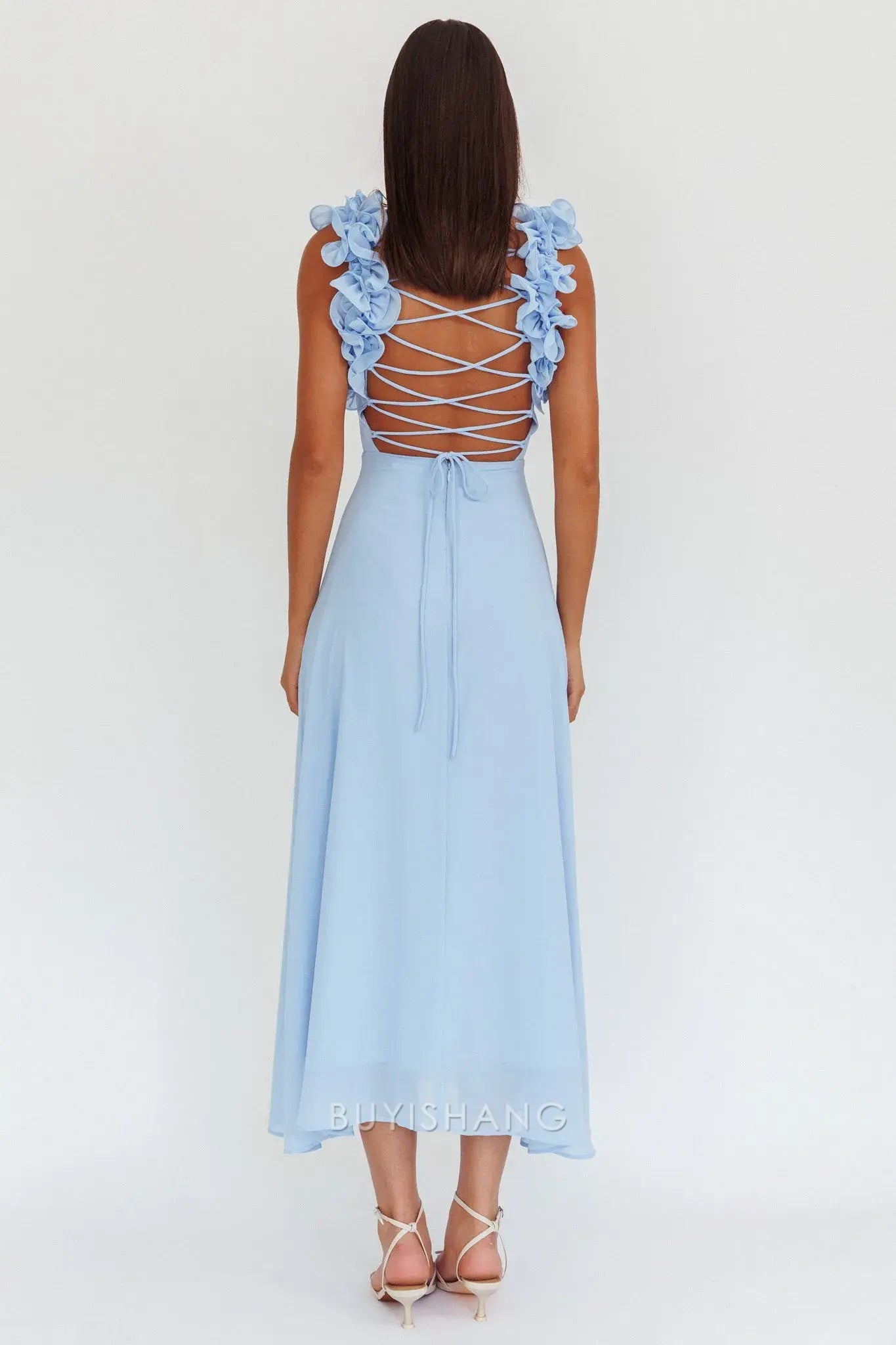Fashionable Light Blue Floral Ruffle Strap Lace - Up Back Maxi Dress prom dress
