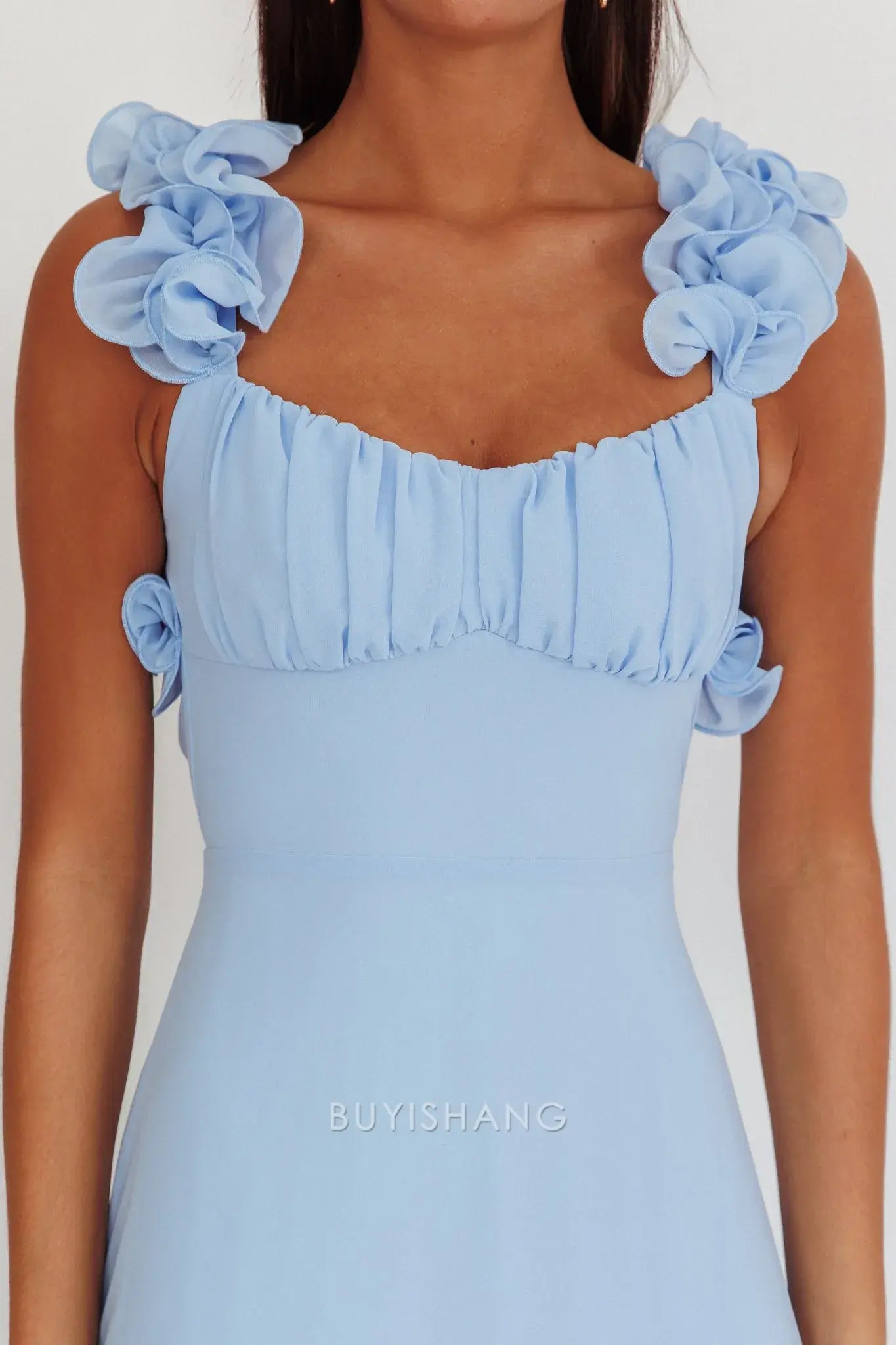 Fashionable Light Blue Floral Ruffle Strap Lace - Up Back Maxi Dress prom dress