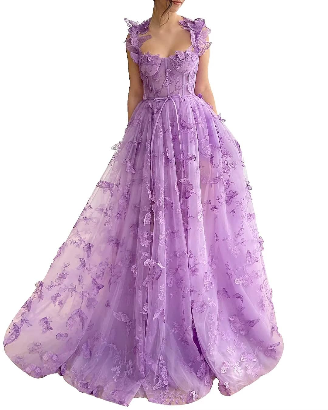 Long Tulle Prom Dress with 3D Butterflies Sexy Slit Ball Gown Evening Dresses Party Wedding Formal