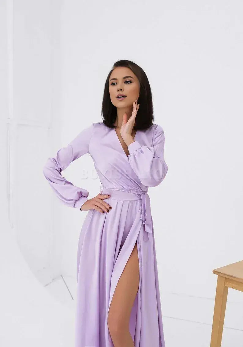 Buyishang Lilac Wrap Dress Waist Lilac Silk Midi Dress Cocktail Dress for Special Occasions Prom Dress Belted Dress V Neck Long Sleeves Dress