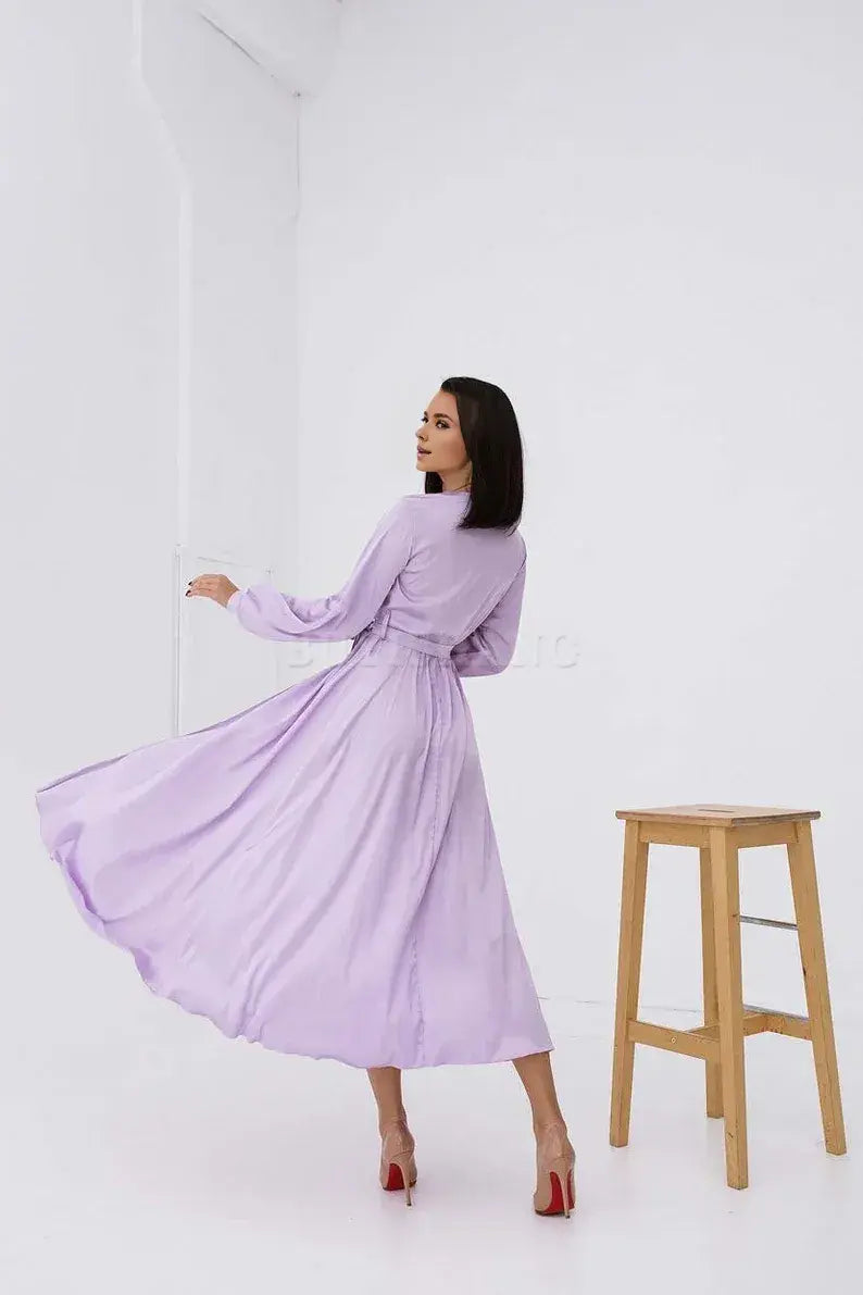 Buyishang Lilac Wrap Dress Waist Lilac Silk Midi Dress Cocktail Dress for Special Occasions Prom Dress Belted Dress V Neck Long Sleeves Dress