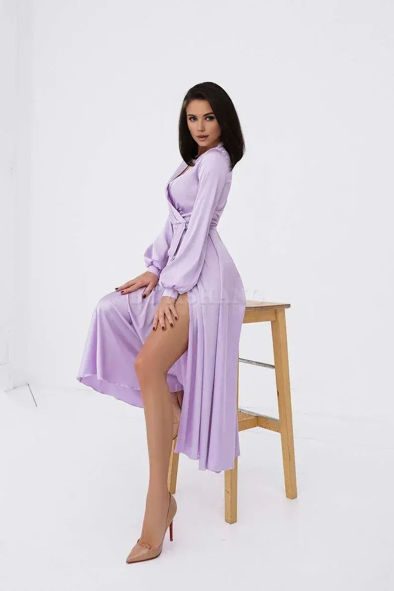 Buyishang Lilac Wrap Dress Waist Lilac Silk Midi Dress Cocktail Dress for Special Occasions Prom Dress Belted Dress V Neck Long Sleeves Dress