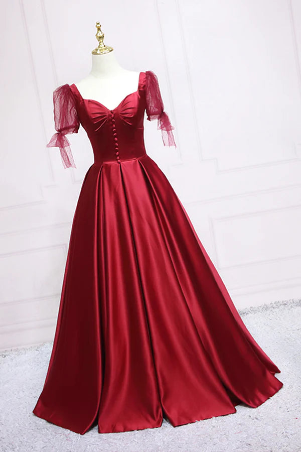 Red Satin Sweetheart Neckline Long Formal Dress A-Line Evening Graduation Dress
