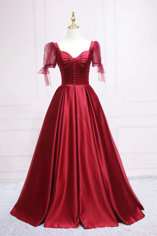 Red Satin Sweetheart Neckline Long Formal Dress A-Line Evening Graduation Dress