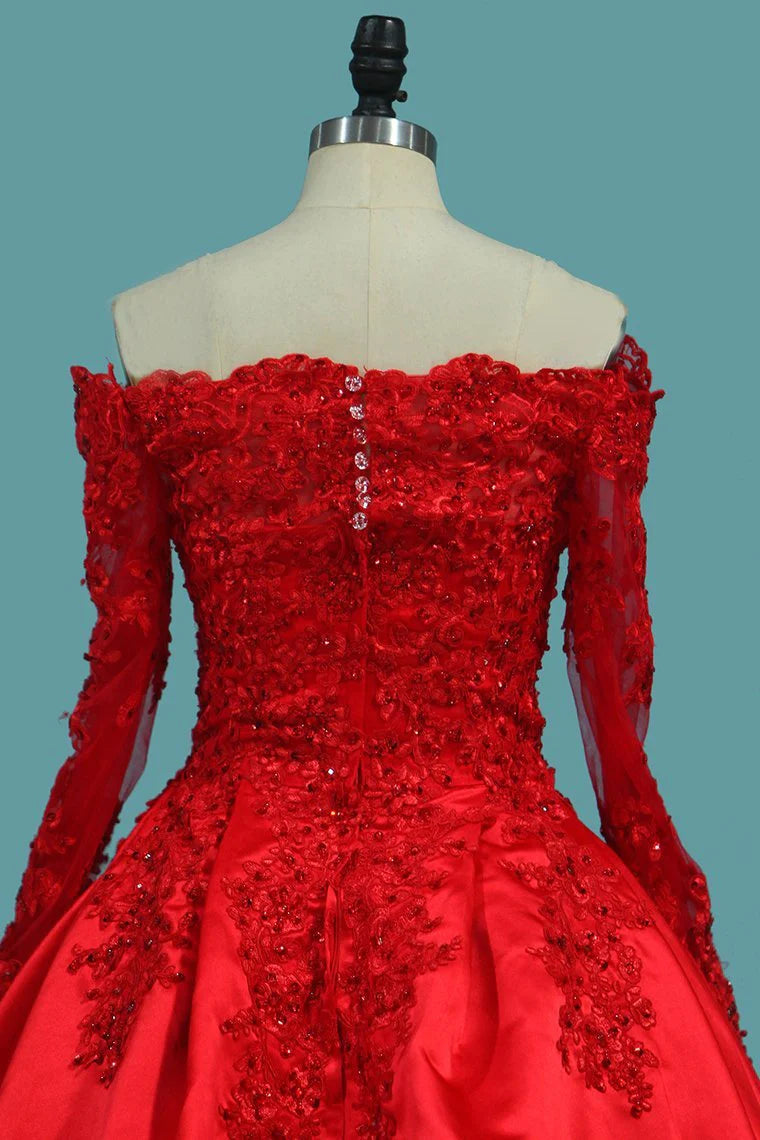 Long Sleeves Satin Ball Gown Off The Shoulder Party Dresses With Applique Sweep Train