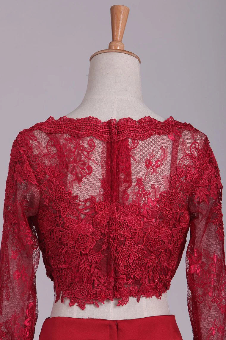 Long Sleeves Two-Piece Bateau Party Dresses Floor Length Satin