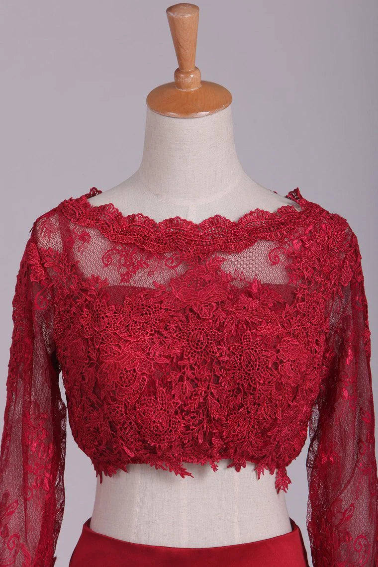 Long Sleeves Two-Piece Bateau Party Dresses Floor Length Satin