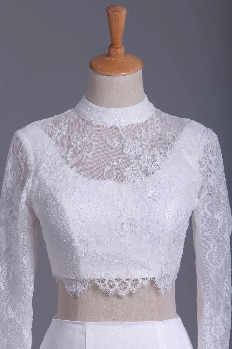 Long Sleeves Two Pieces High Neck Party Dresses Mermaid Satin With Applique