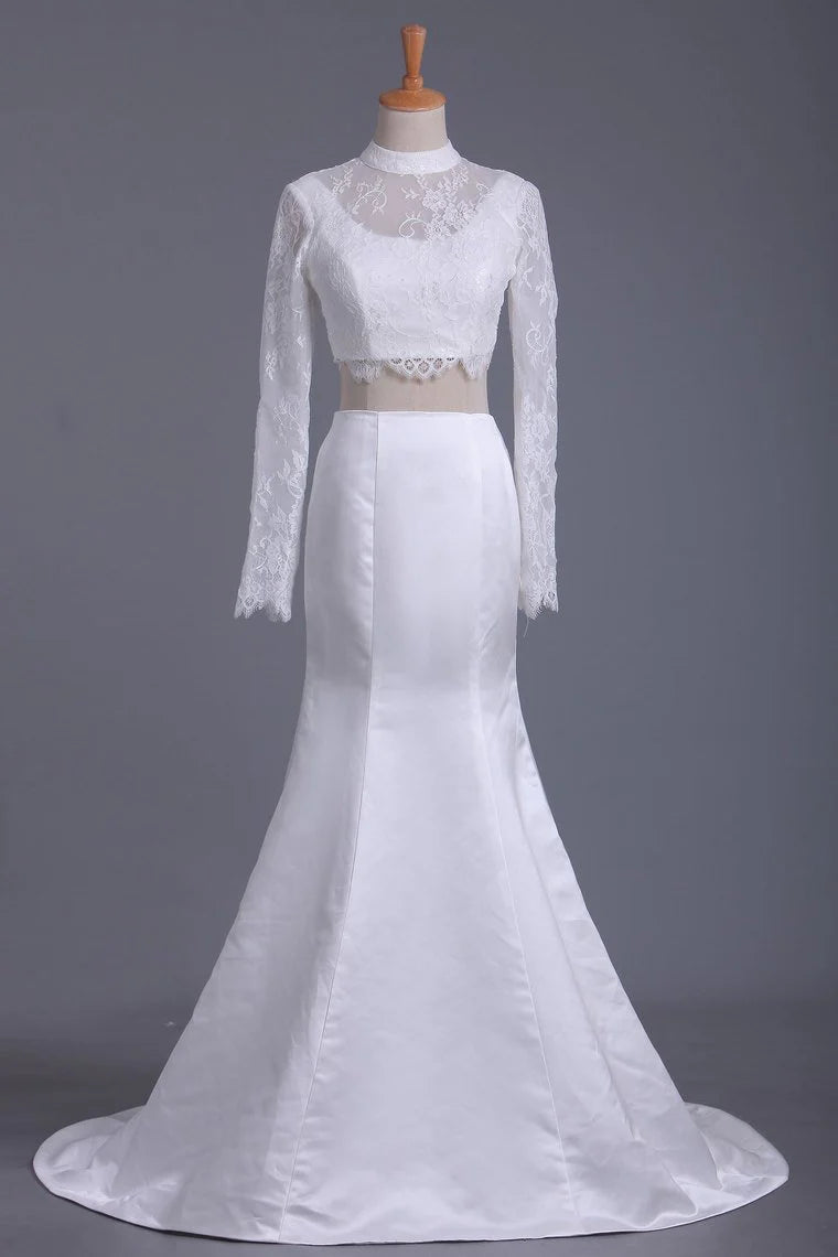 Long Sleeves Two Pieces High Neck Party Dresses Mermaid Satin With Applique