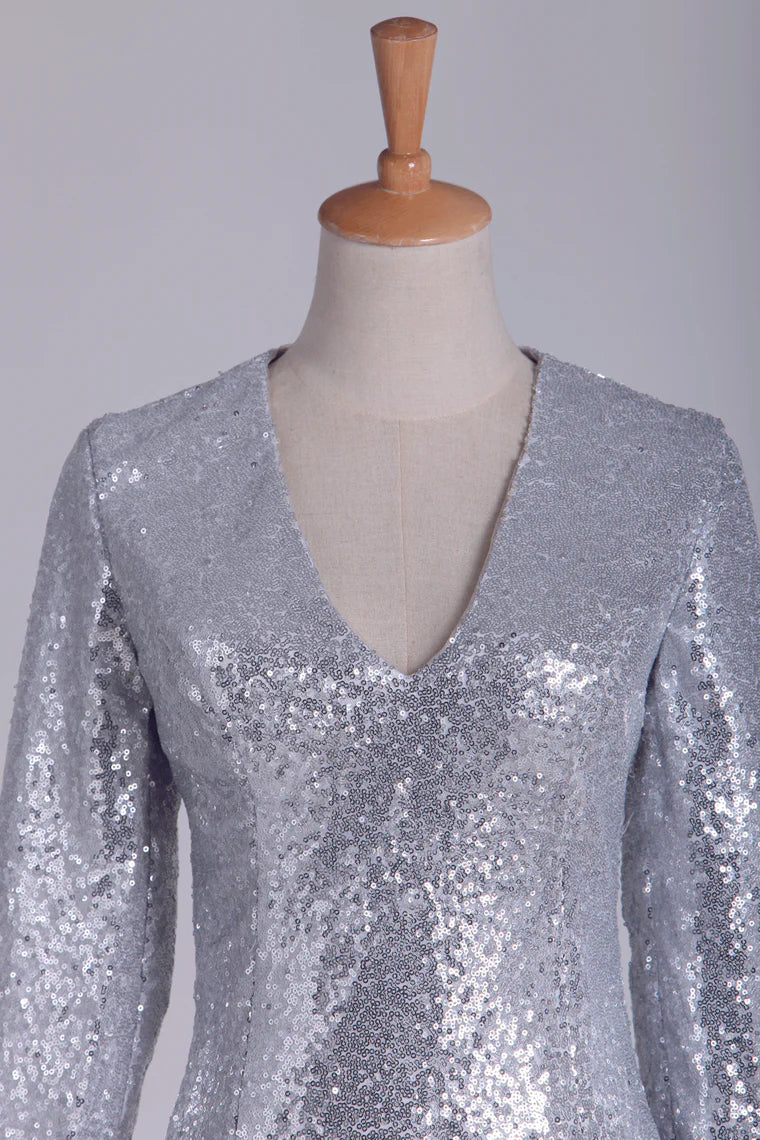 V Neck Sequins Party Dresses Sweep Train