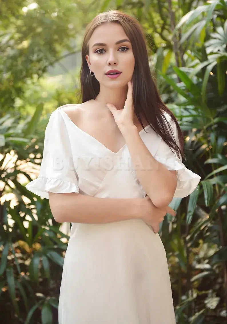 Buyishang Long Silk Dress - Women Party Dress - Ivory Casual Dress - Women Silk Dress