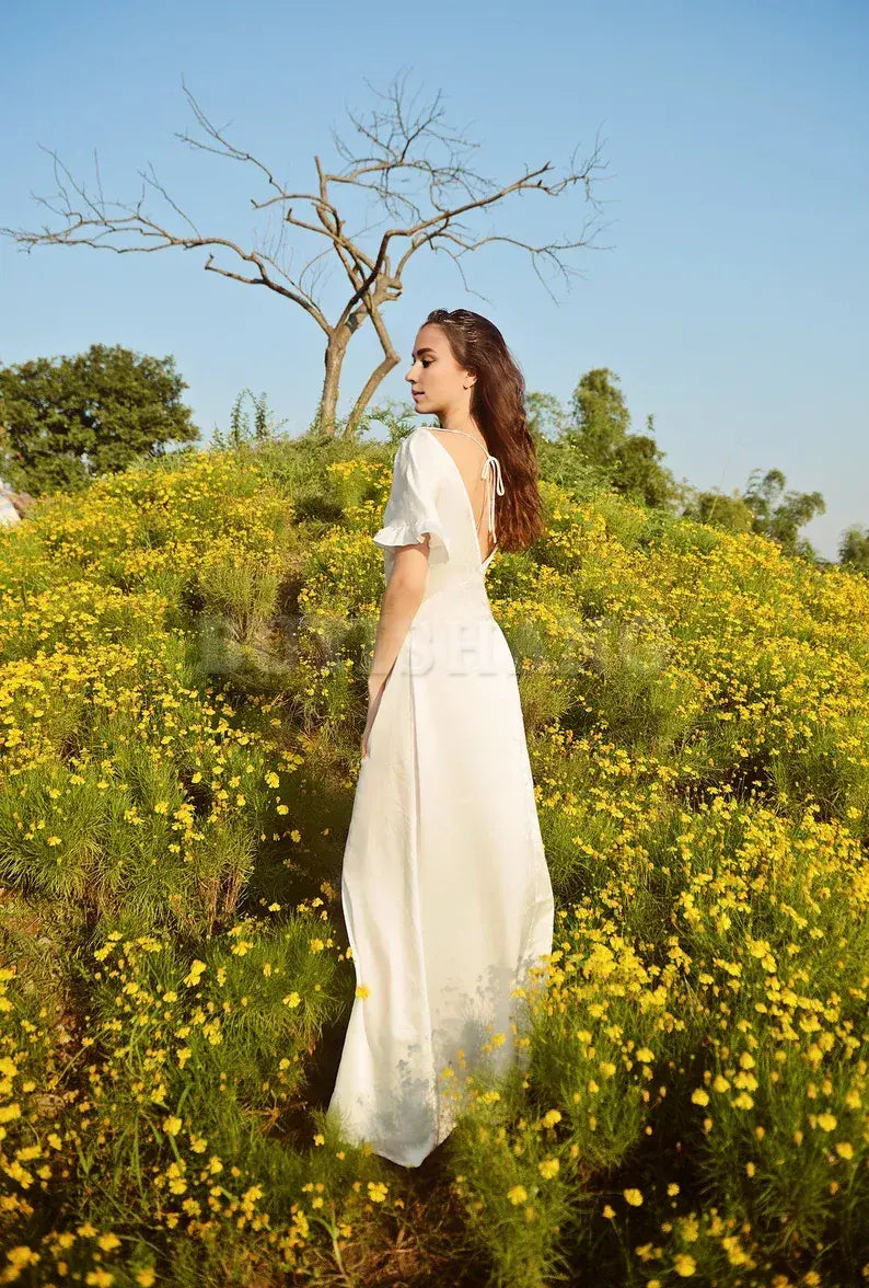 Buyishang Long Silk Dress - Women Party Dress - Ivory Casual Dress - Women Silk Dress