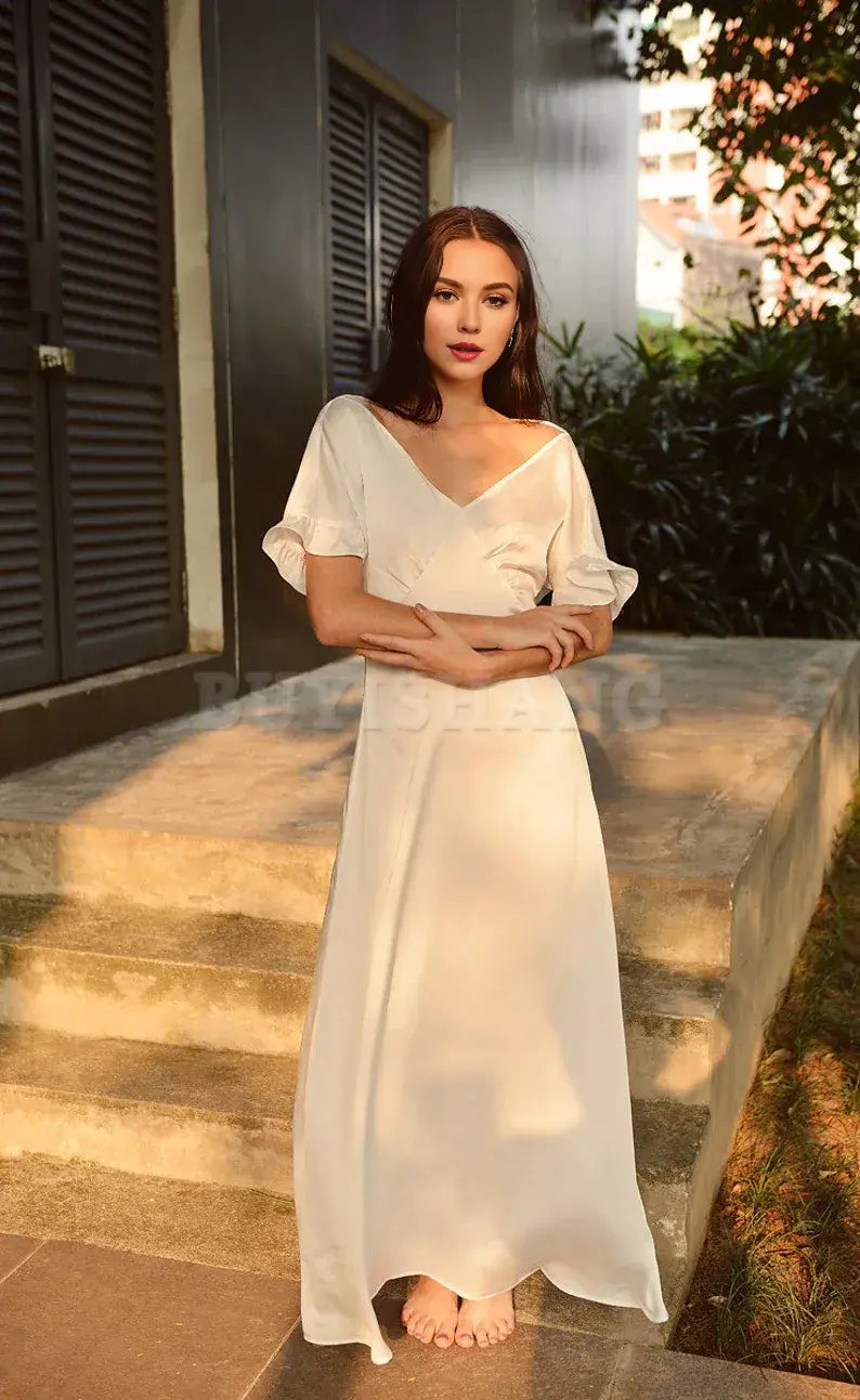 Buyishang Long Silk Dress - Women Party Dress - Ivory Casual Dress - Women Silk Dress