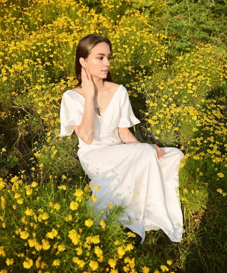 Buyishang Long Silk Dress - Women Party Dress - Ivory Casual Dress - Women Silk Dress