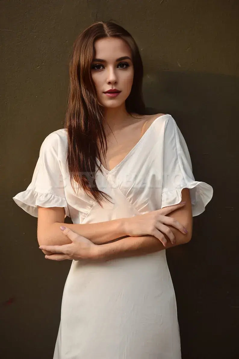 Buyishang Long Silk Dress - Women Party Dress - Ivory Casual Dress - Women Silk Dress