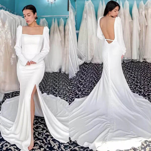 Buyishang Mermaid High Side Split Backless Long Sleeves Square Neck Satin Wedding Dresses