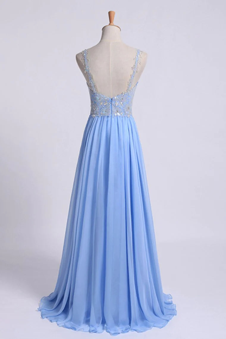 Low Back Straps A Line Chiffon Party Dress With Lace Bodice