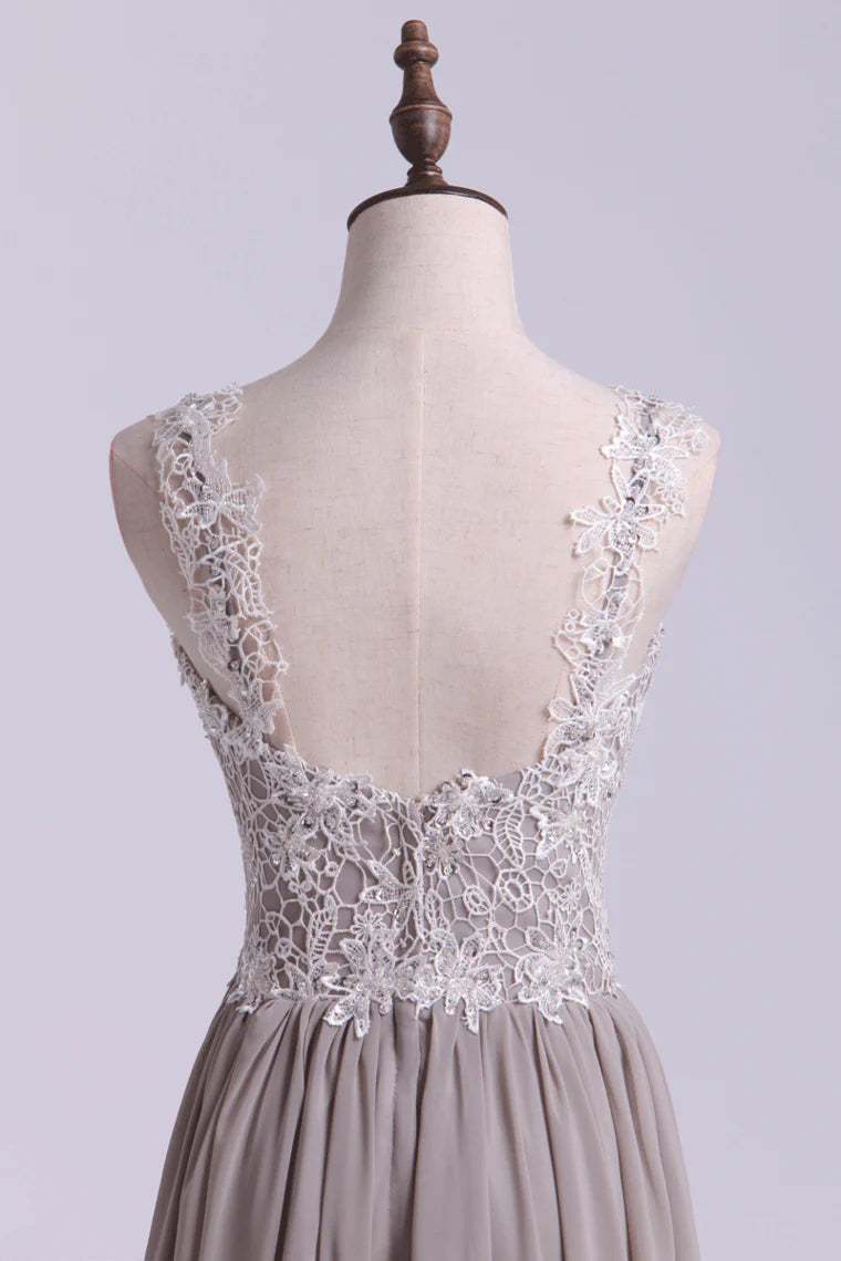 A Line Party Dress With Lace Bodice Chiffon
