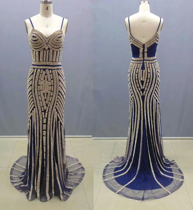 Mermaid Spaghetti Straps V-Neck Sparkly Open Back Prom Dress Party Dress