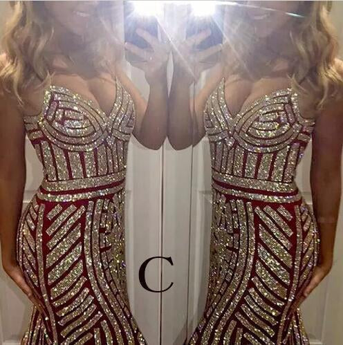 Mermaid Spaghetti Straps V-Neck Sparkly Open Back Prom Dress Party Dress