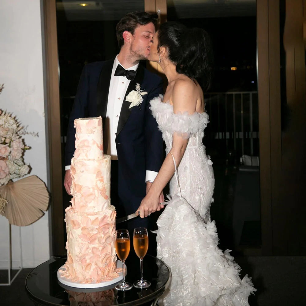 Luxury Mermaid Off Shoulder Sequin 3D Flowers Long Puff Sleeve Wedding Dresses