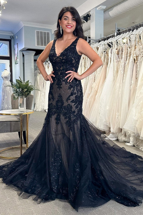Buyishang Black Tulle Appliques V-Neck Trumpet Long Wedding Dress