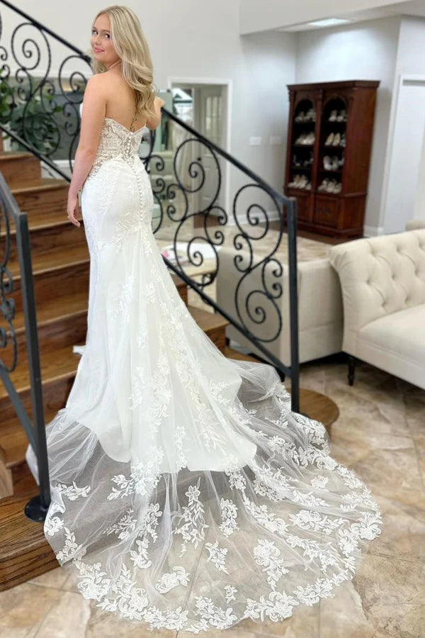 Buyishang Lace White Strapless Appliques Mermaid Long Wedding Dress