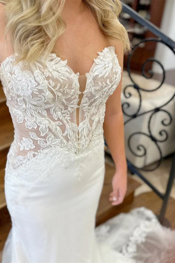 Buyishang Lace White Strapless Appliques Mermaid Long Wedding Dress