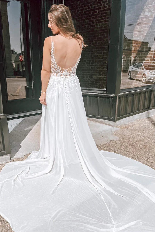 Buyishang White Appliques Plunge V Open Back Long Wedding Dress
