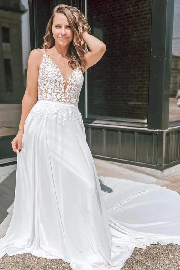 Buyishang White Appliques Plunge V Open Back Long Wedding Dress
