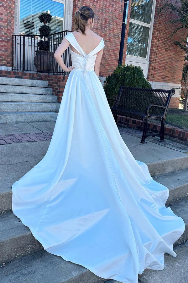 Buyishang White V-Neck High-Waist A-Line Long Wedding Dress
