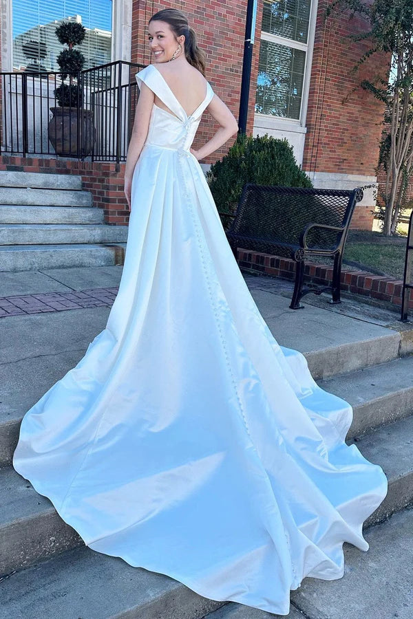 Buyishang White V-Neck High-Waist A-Line Long Wedding Dress