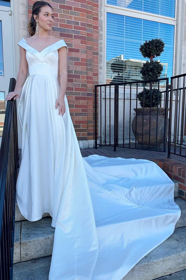 Buyishang White V-Neck High-Waist A-Line Long Wedding Dress