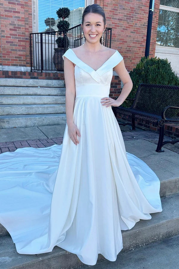 Buyishang White V-Neck High-Waist A-Line Long Wedding Dress