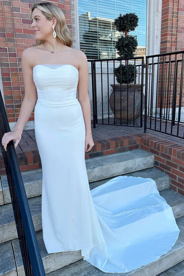 Buyishang White Satin Strapless Mermaid Long Wedding Dress