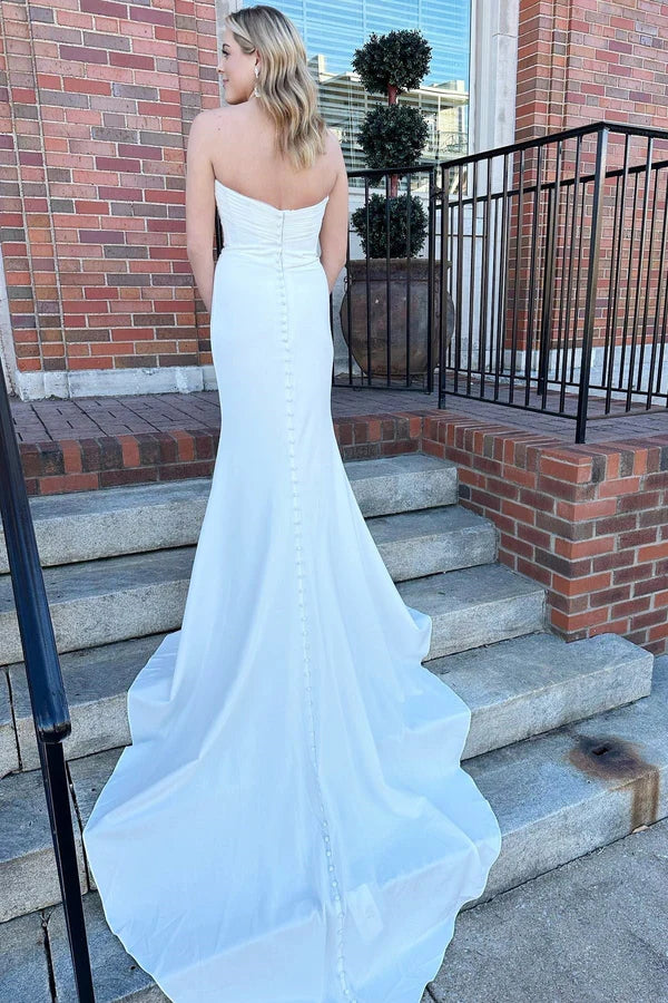 Buyishang White Satin Strapless Mermaid Long Wedding Dress
