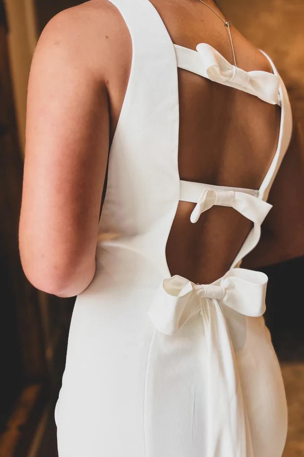 Buyishang White Satin Bateau Open Back Mermaid Long Wedding Dress