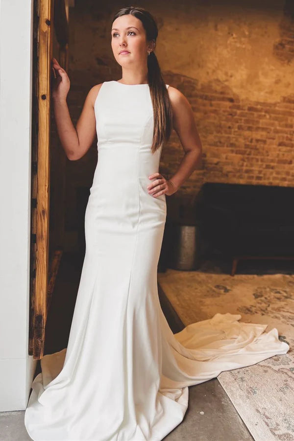 Buyishang White Satin Bateau Open Back Mermaid Long Wedding Dress