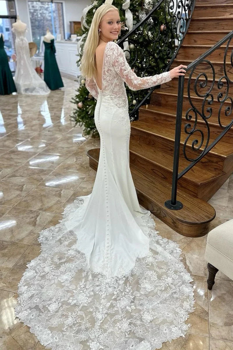 Buyishang White Appliques Plunge V Mermaid Bridal Gown with Long Sleeves