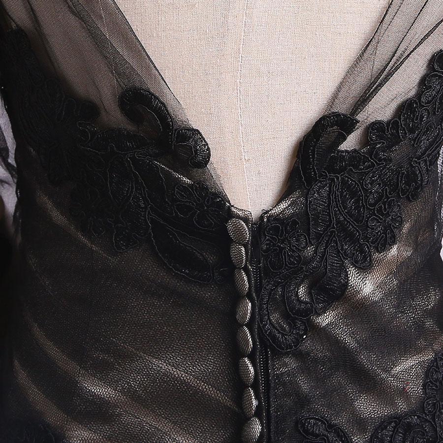 Mermaid Black Tulle Lace Appliques Long Sleeve V Back Scoop Cheap Party Dresses