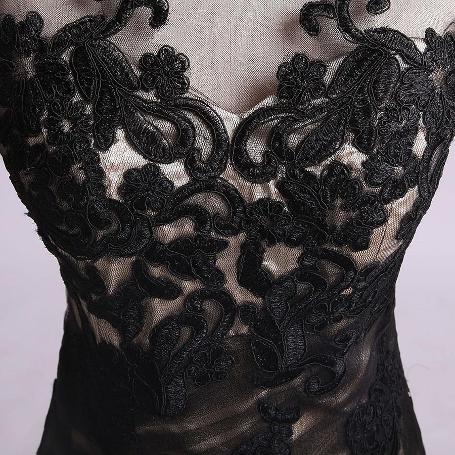 Mermaid Black Tulle Lace Appliques Long Sleeve V Back Scoop Cheap Party Dresses