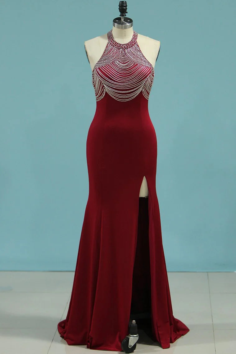 Mermaid Scoop Spandex With Beads And Slit Party Dresses Open Back