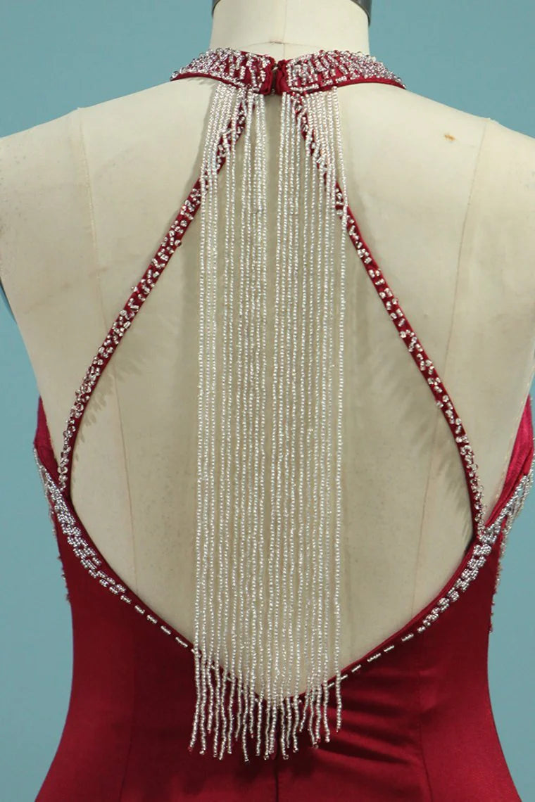 Mermaid Scoop Spandex With Beads And Slit Party Dresses Open Back