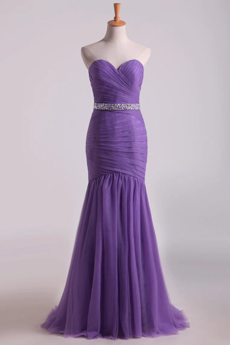 Mermaid Sweetheart Floor Length Party Dresses With Ruffles And Beading Tulle
