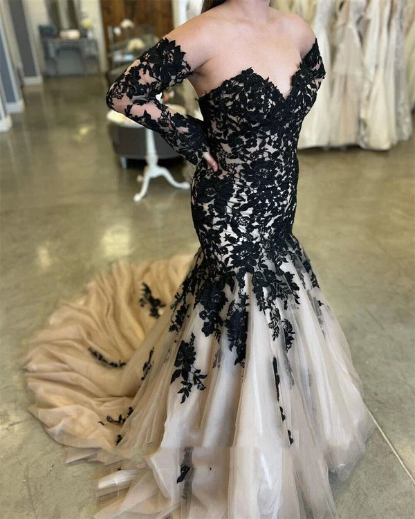 Buyishang Mermaid Black Champagne Wedding Dresses Lace Strapless Sweep Train